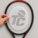 Load image into Gallery viewer, Application example showing a custom stencil positioned on tennis racket strings