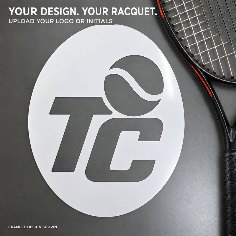 Your design, your racquet — custom tennis stencil made from your uploaded artwork; example design shown