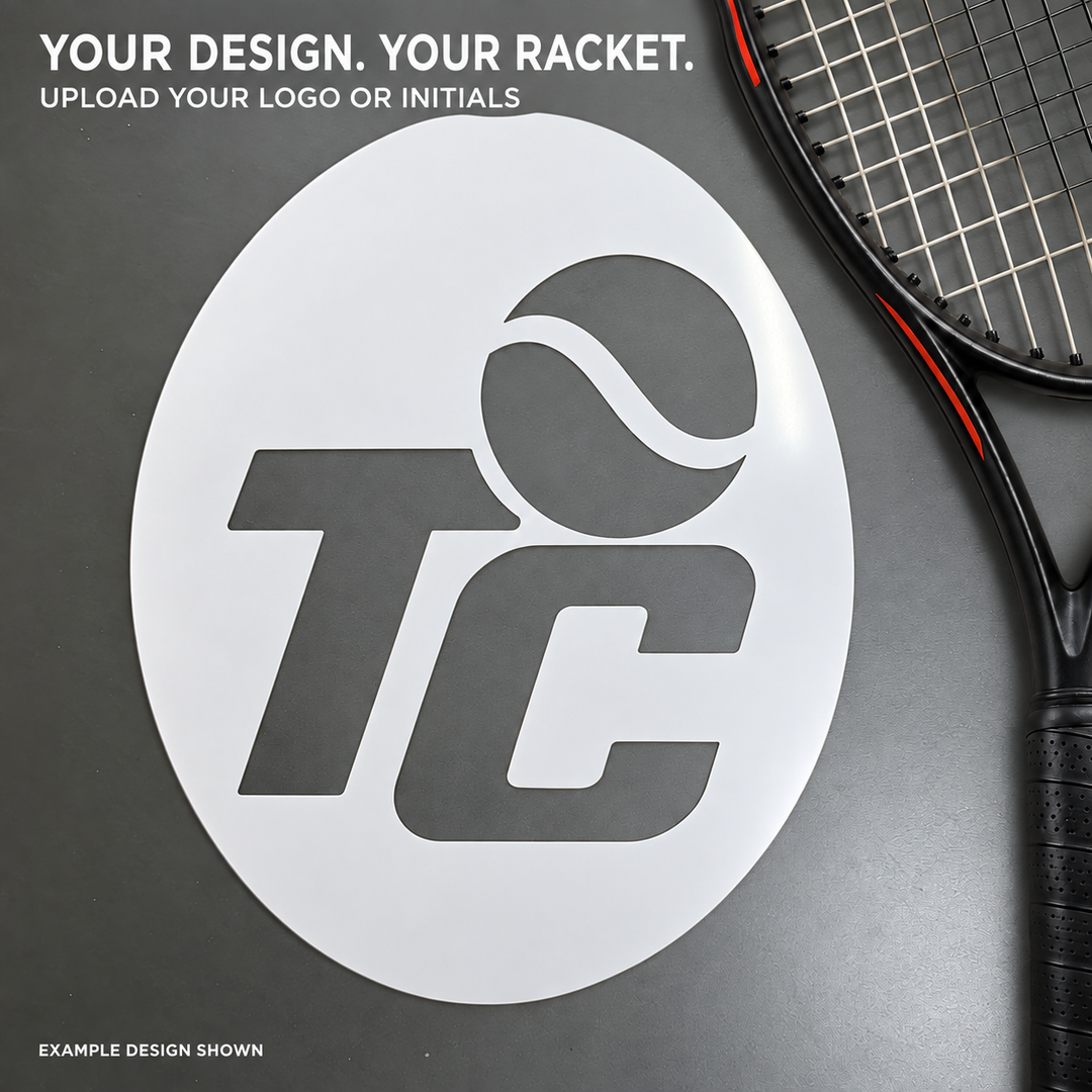 Your design, your racket — custom tennis stencil made from your uploaded artwork; example design shown