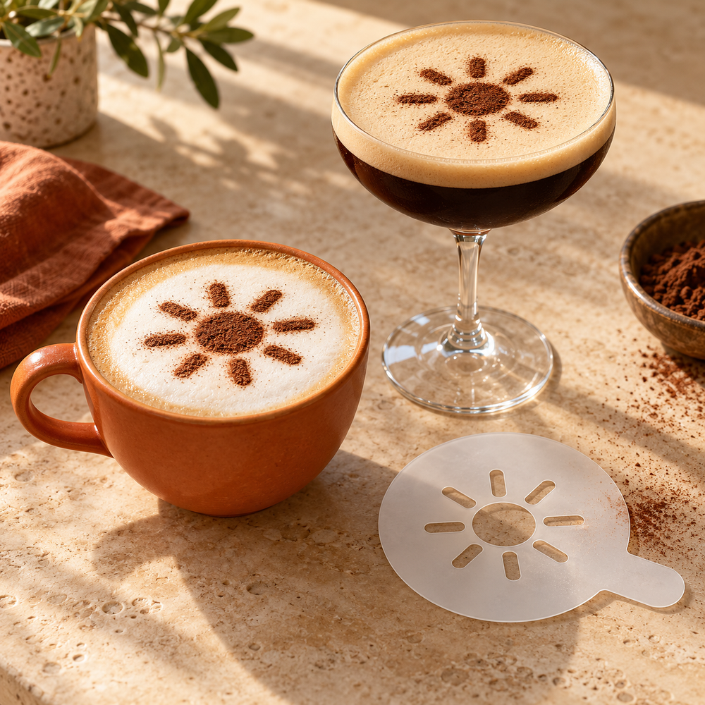 Illustrative coffee and cocktail stencil application with cocoa sun designs